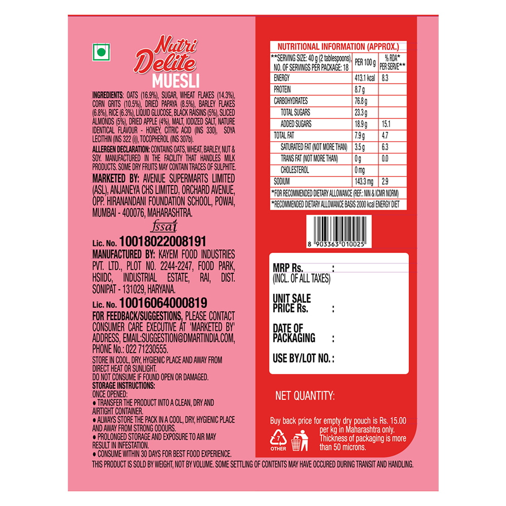 Nutri Delite Fruit & Nut Muesli: 750 gm