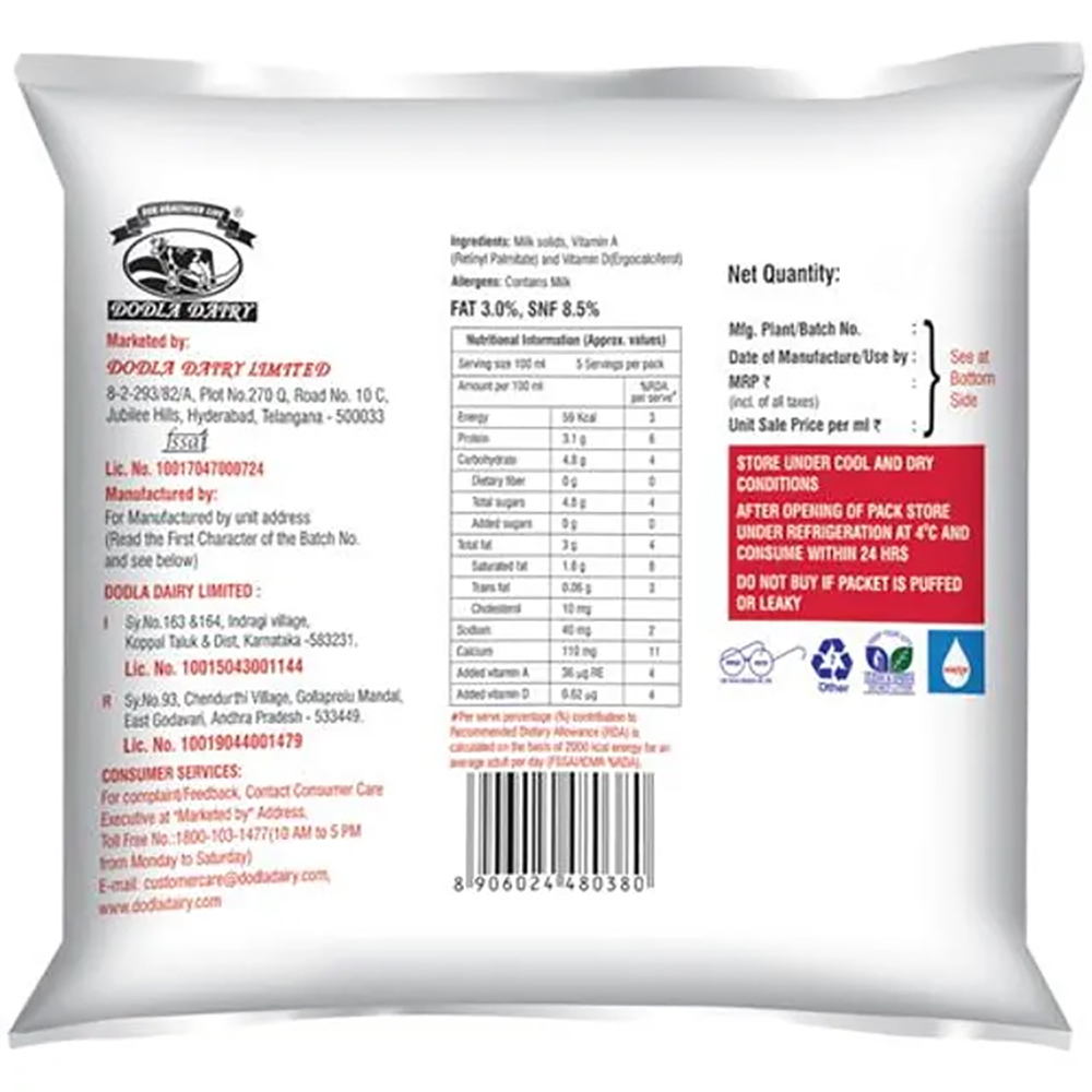 Dodla Dairy Toned Milk Pouch: 500 ml